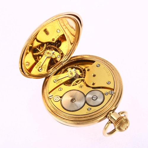 1046 - An American gold plated half hunter keyless pocket watch, white enamel dial with Roman numeral hour ... 