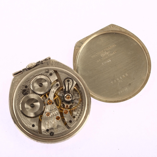 1049 - WALTHAM - an American Art Deco 14k gold filled open-face keyless pocket watch, silvered dial with gi... 