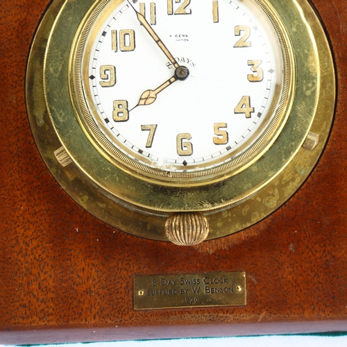 1054 - J W BENSON - an early 20th century brass ship's nautical timepiece, white enamel dial with Arabic nu... 