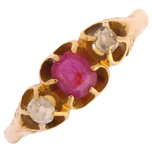 1104 - An early 20th century 18ct gold three stone synthetic ruby and diamond gypsy ring, ruby measures: 4.... 
