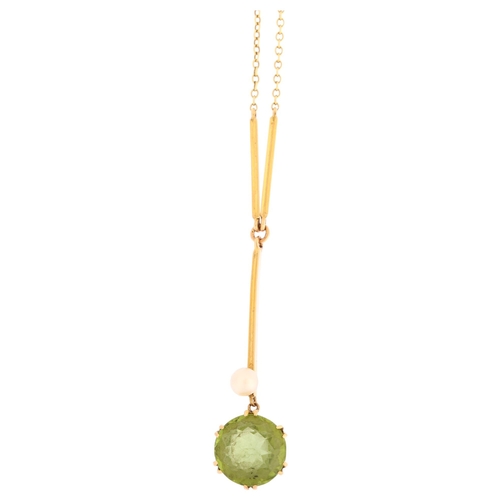 1105 - An Edwardian 15ct gold peridot and pearl drop pendant necklace, set with round-cut peridot, peridot ... 