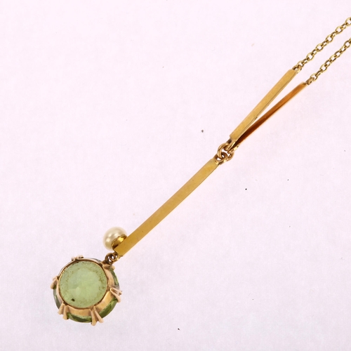 1105 - An Edwardian 15ct gold peridot and pearl drop pendant necklace, set with round-cut peridot, peridot ... 