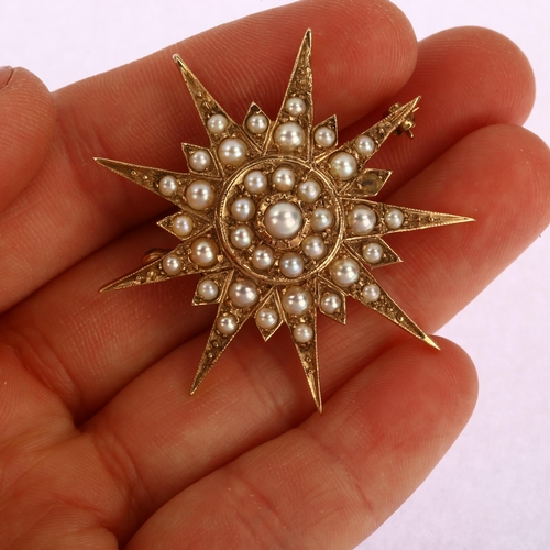 1107 - A large split pearl 9-ray starburst brooch/pendant, unmarked yellow metal closed-back settings, broo... 