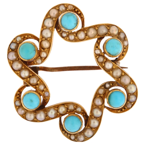 1108 - A Victorian turquoise and split pearl brooch, unmarked gold closed-back settings, brooch diameter 27... 