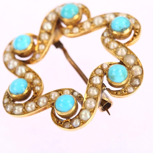 1108 - A Victorian turquoise and split pearl brooch, unmarked gold closed-back settings, brooch diameter 27... 