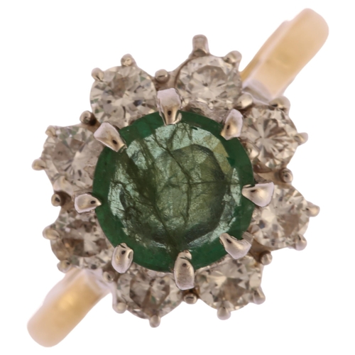 1114 - A late 20th century 18ct gold emerald and diamond flowerhead cluster ring, set with round-cut emeral... 