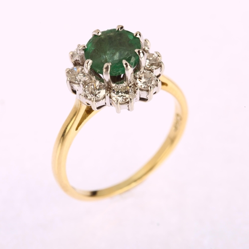 1114 - A late 20th century 18ct gold emerald and diamond flowerhead cluster ring, set with round-cut emeral... 