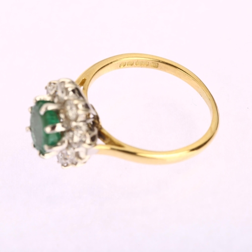 1114 - A late 20th century 18ct gold emerald and diamond flowerhead cluster ring, set with round-cut emeral... 