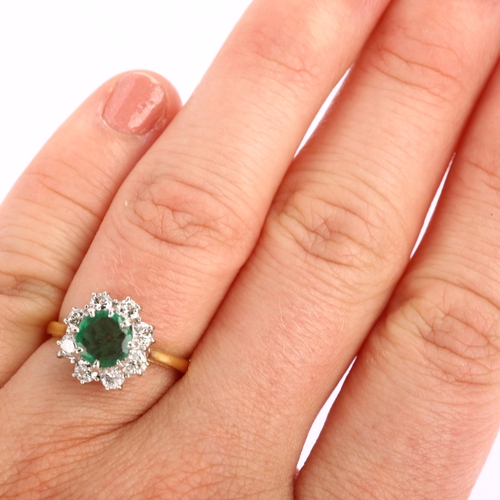 1114 - A late 20th century 18ct gold emerald and diamond flowerhead cluster ring, set with round-cut emeral... 