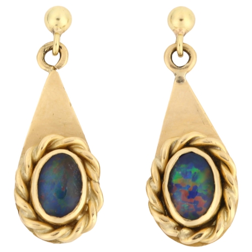 1117 - A pair of late 20th century 18ct gold opal triplet drop earrings, with rope twist surround and stud ... 