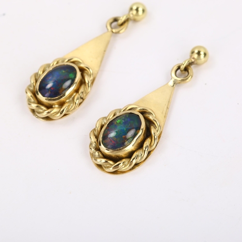 1117 - A pair of late 20th century 18ct gold opal triplet drop earrings, with rope twist surround and stud ... 