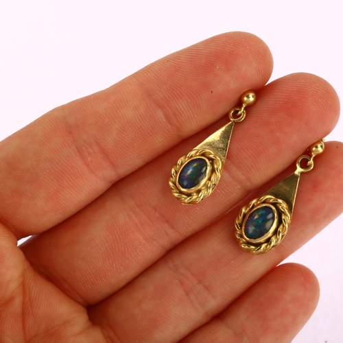 1117 - A pair of late 20th century 18ct gold opal triplet drop earrings, with rope twist surround and stud ... 