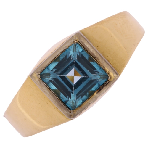 1118 - A heavy modern 18ct gold blue topaz signet ring, unsigned, setting height 10mm, size S, 18.3g