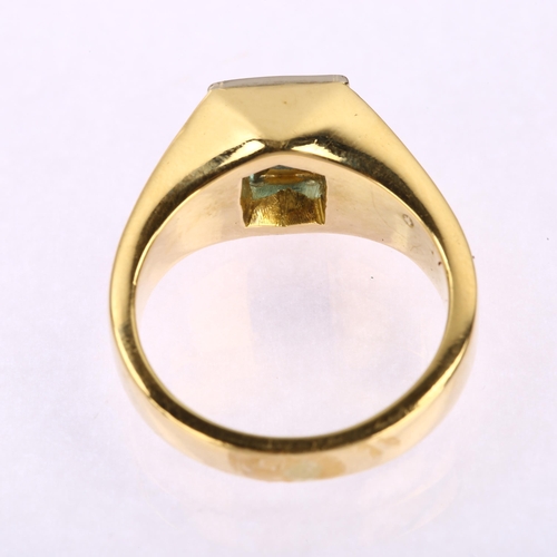 1118 - A heavy modern 18ct gold blue topaz signet ring, unsigned, setting height 10mm, size S, 18.3g