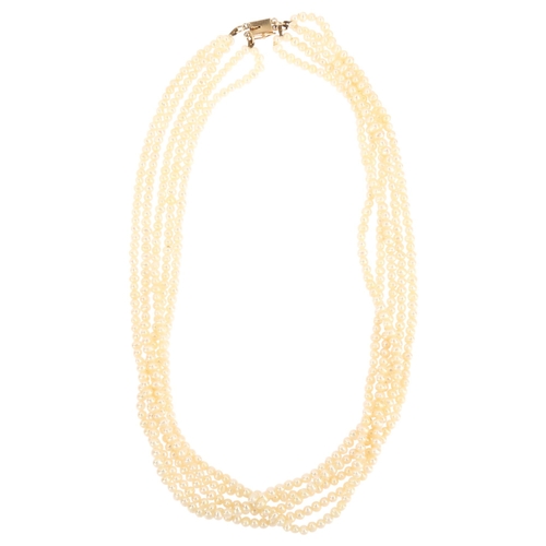 1121 - A mid-20th century multi-strand cultured pearl bead necklace, with 14ct rose gold clasp, pearl diame... 