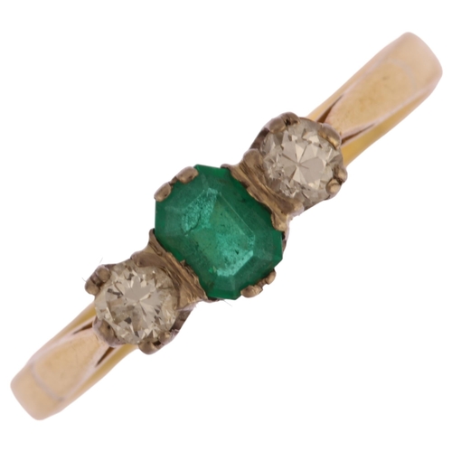 1122 - An 18ct gold three stone emerald and diamond ring, set with 0.25ct emerald step-cut emerald and roun... 