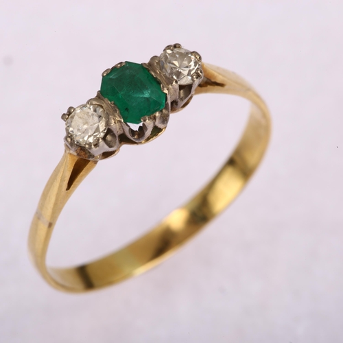 1122 - An 18ct gold three stone emerald and diamond ring, set with 0.25ct emerald step-cut emerald and roun... 