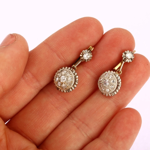 1123 - A pair of Continental diamond cluster drop earrings, unmarked gold and silver settings with French l... 
