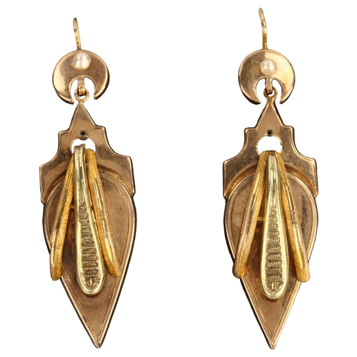 1138 - A pair of 19th century French two-colour gold drop earrings, with split pearl crescent moon shepherd... 