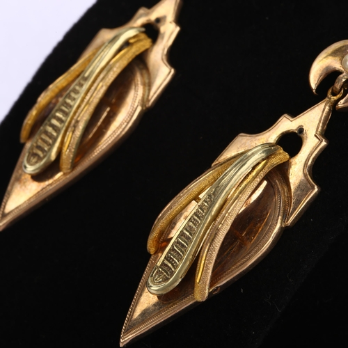 1138 - A pair of 19th century French two-colour gold drop earrings, with split pearl crescent moon shepherd... 