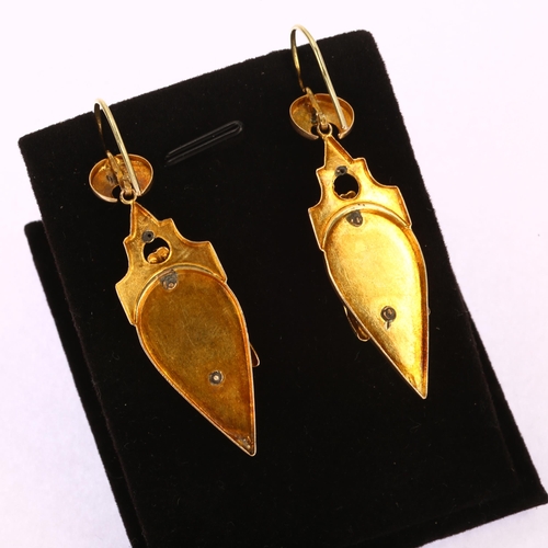 1138 - A pair of 19th century French two-colour gold drop earrings, with split pearl crescent moon shepherd... 