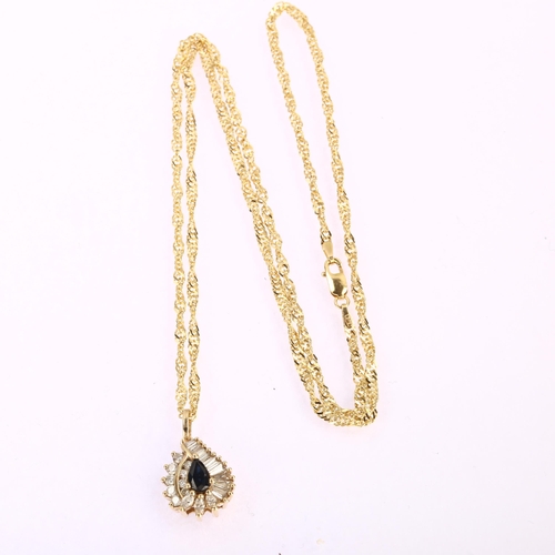 1141 - A modern sapphire and diamond pear cluster pendant necklace, unmarked gold settings with pear-cut sa... 