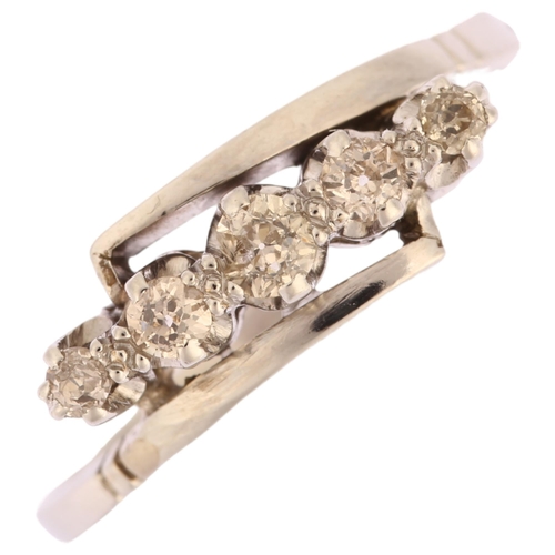 1142 - An Art Deco platinum five stone diamond crossover ring, set with old-cut diamonds, total diamond con... 