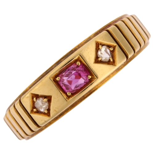 1143 - A Victorian 18ct gold three stone ruby and diamond ring, maker's marks WGM, Birmingham 1881, setting... 