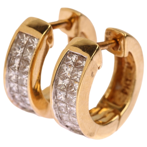 1148 - A pair of 18ct gold diamond hoop earrings, set with Princess-cut diamonds, total diamond content app... 