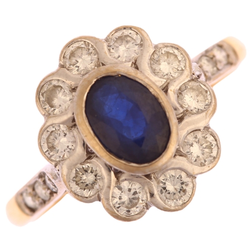 1151 - A modern 18ct gold sapphire and diamond oval cluster ring, set with oval mixed-cut sapphire and mode... 