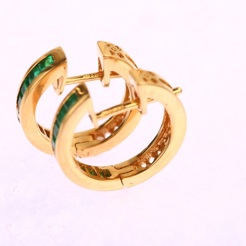 1152 - A pair of modern 18ct gold emerald and diamond hoop earrings, maker's marks RUK, London 2004, hoop d... 