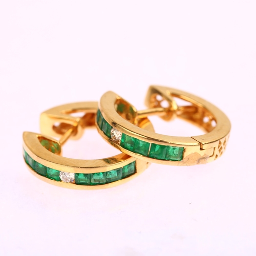 1152 - A pair of modern 18ct gold emerald and diamond hoop earrings, maker's marks RUK, London 2004, hoop d... 