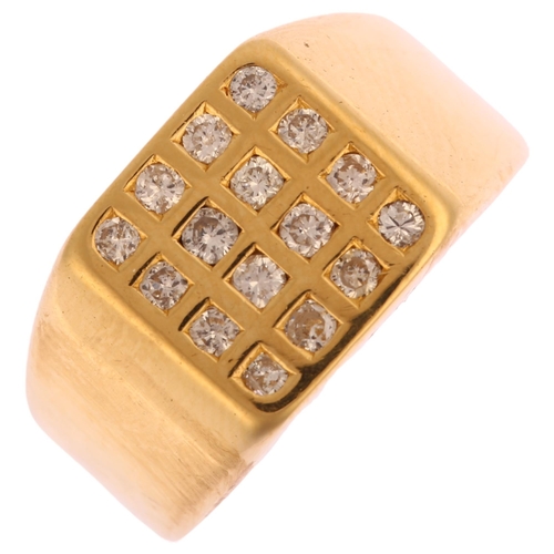 1158 - A late 20th century 18ct gold diamond checkerboard signet ring, set with modern round brilliant-cut ... 