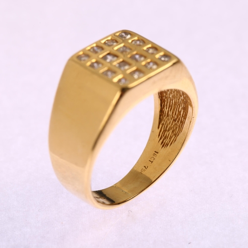 1158 - A late 20th century 18ct gold diamond checkerboard signet ring, set with modern round brilliant-cut ... 