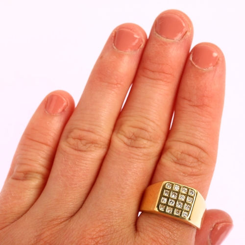 1158 - A late 20th century 18ct gold diamond checkerboard signet ring, set with modern round brilliant-cut ... 