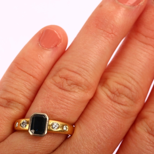 1160 - An 18ct gold sapphire and diamond dress ring, set with emerald-cut sapphire and modern round brillia... 