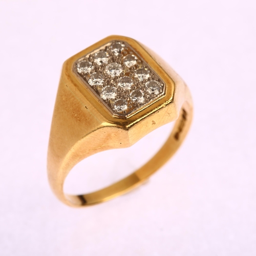 1161 - A large 18ct gold diamond panel signet ring, pave set with modern round brilliant-cut diamonds, tota... 