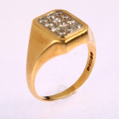 1161 - A large 18ct gold diamond panel signet ring, pave set with modern round brilliant-cut diamonds, tota... 