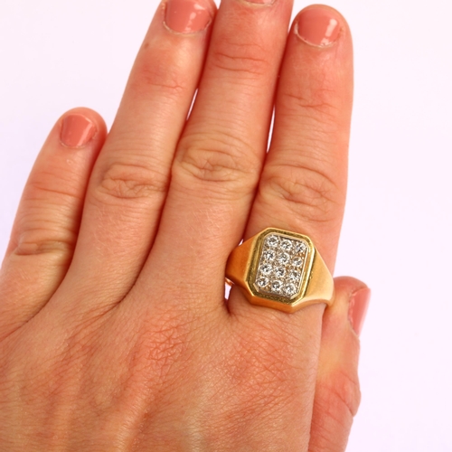 1161 - A large 18ct gold diamond panel signet ring, pave set with modern round brilliant-cut diamonds, tota... 