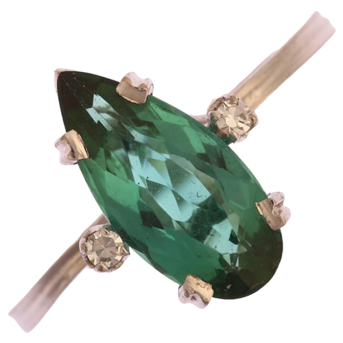 1165 - A modern 18ct white gold green tourmaline and diamond ring, set with long pear-cut tourmaline and si... 