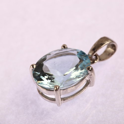 1166 - A modern 9ct white gold aquamarine drop pendant, prong set with oval mixed-cut aqua, pendant height ... 