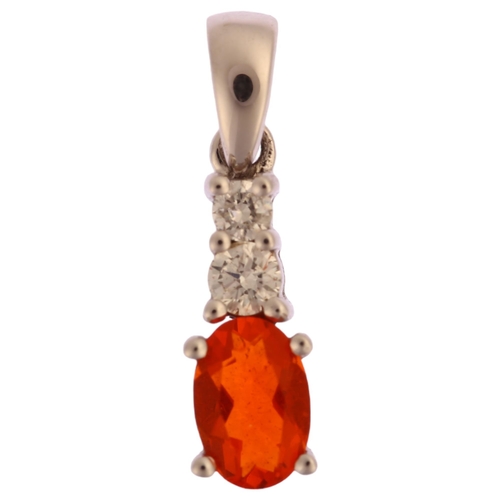 1167 - A modern spessartine garnet and diamond drop pendant, unmarked white gold settings, with oval mixed-... 