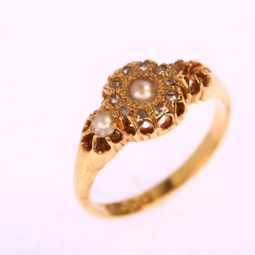 1174 - An early 20th century 18ct gold pearl and diamond cluster ring, claw set with rose-cut diamonds, hal... 