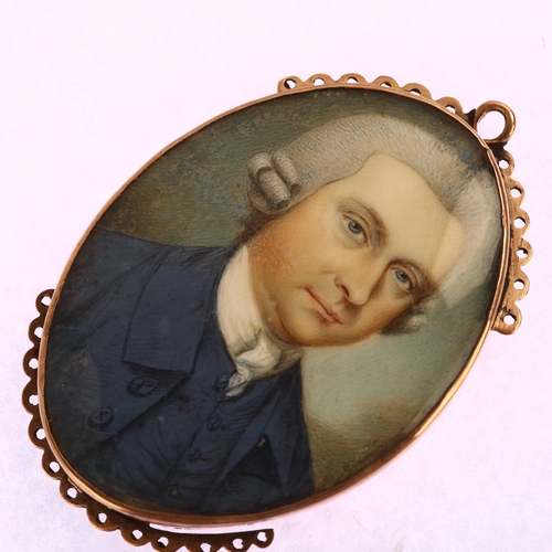 1175 - A Georgian portrait miniature watercolour on ivory pendant/clasp, unmarked rose gold closed-back set... 