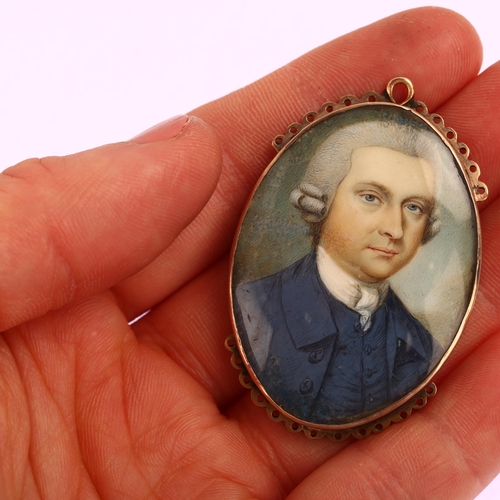 1175 - A Georgian portrait miniature watercolour on ivory pendant/clasp, unmarked rose gold closed-back set... 