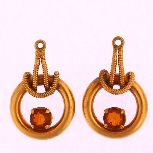 1178 - A pair of Antique citrine earring drops, designed as hoop suspended from rope, unmarked yellow metal... 