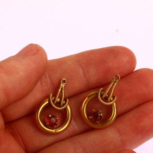 1178 - A pair of Antique citrine earring drops, designed as hoop suspended from rope, unmarked yellow metal... 