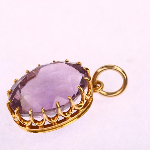 1188 - An amethyst drop pendant, unmarked 9ct gold prong setting with oval mixed-cut amethyst, pendant heig... 