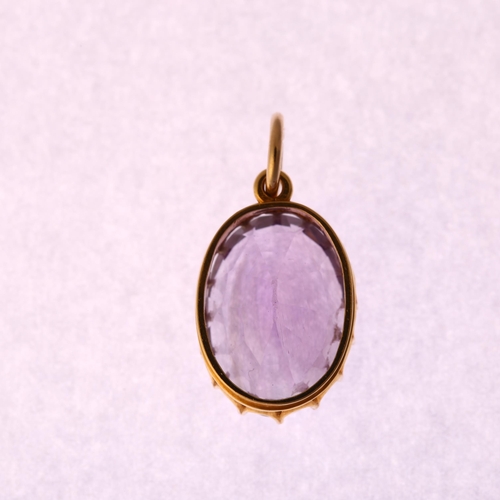 1188 - An amethyst drop pendant, unmarked 9ct gold prong setting with oval mixed-cut amethyst, pendant heig... 