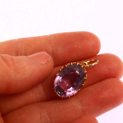 1188 - An amethyst drop pendant, unmarked 9ct gold prong setting with oval mixed-cut amethyst, pendant heig... 